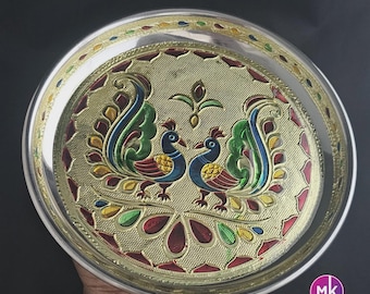 Placa de acero con diseño de pavo real/flor de Meenakari: regalo de inauguración de la casa, plato de Thambolam, regalo de Pooja, regalo de devolución, regalo de Navarathri, regalo de Diwali