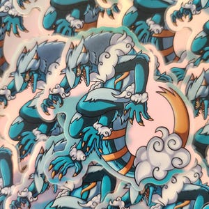 May include: A blue and white wolf-like creature with a cloud-like tail and a fierce expression. The creature is depicted in a dynamic pose, with its claws extended and its head tilted forward. The image is rendered in a cartoon style with a vibrant color palette.