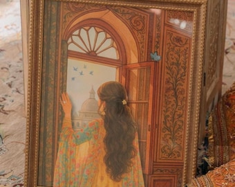 Impresión de arte mural con nostalgia pakistaní, ilustración de ventana del sur de Asia, Mezquita Badshahi