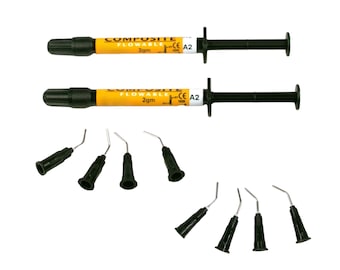 May include: Two yellow and black dental composite syringes with the text "COMPOSITE FLOWABLE 2gm CE A2" on the side. The syringes are accompanied by eight black mixing tips.