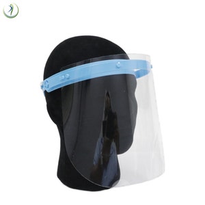 May include: A clear plastic face shield with a light blue headband. The shield is designed to protect the wearer's face from splashes and droplets.