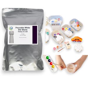 May include: A silver bag of pourable white die stone for hobby and craft projects. The bag has a label with the product name and a picture of a castle tower. Also included are small containers with paint, a car, a bunny, and a person mixing the die stone.