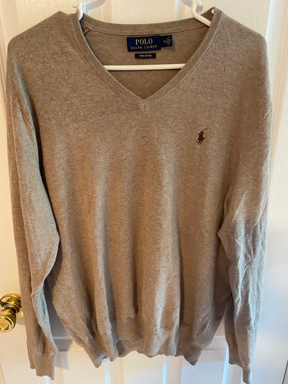 Ralph Lauren POLO by Ralph Lauren V-neck Pima cotton knit sweater, men's size L Pima Cotton Beige type Vintage Second Hand