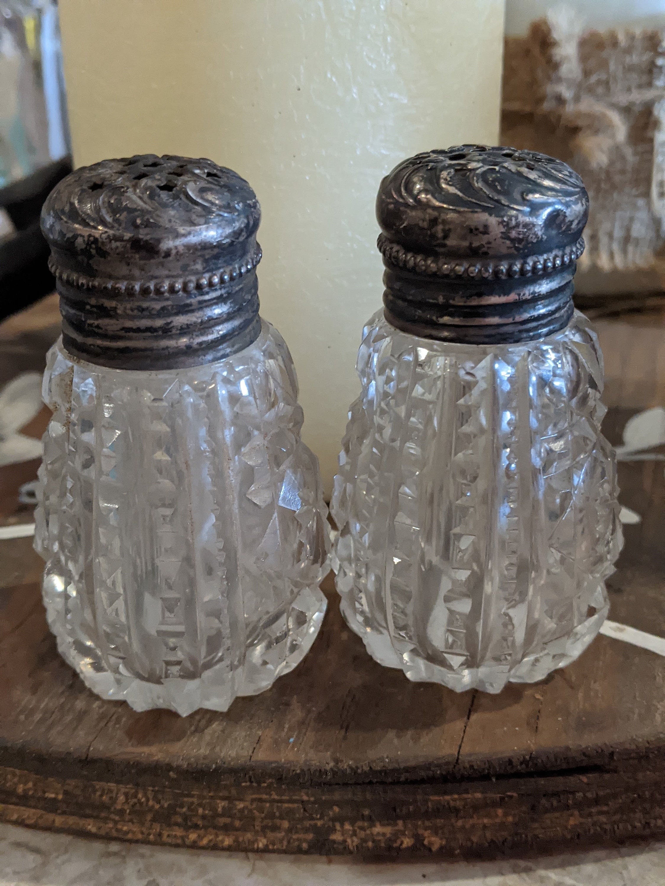 Vintage Diamond Cut Glass Salt and Pepper Shakers Etsy UK