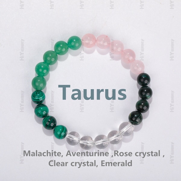 Taurus Crystal bracelet, Zodiac bracelet ,Lucky stone,High quality Malachite ,Aventurine ,Rose quartz ,Clear crystal ,Emerald, Gift for her.