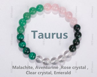 Taurus Crystal bracelet, Zodiac bracelet ,Lucky stone,High quality Malachite ,Aventurine ,Rose quartz ,Clear crystal ,Emerald, Gift for her.