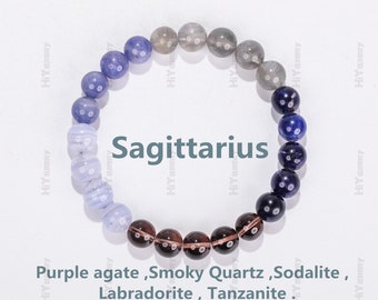 Sagittarius crystal bracelet, Zodiac bracelet ,Lucky stone, Blue Lace Agate, Smoky Quartz, Sodalite, Labradorite, Tanzanite ,Gift for her .