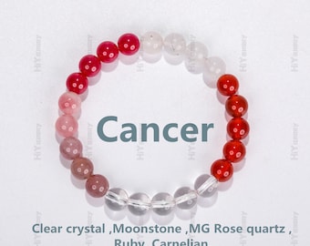 Bracelet en cristal du cancer, bracelet du zodiaque, pierre porte-bonheur, cristal clair de haute qualité, pierre de lune, quartz rose MG, rubis, cornaline, cadeau pour elle.