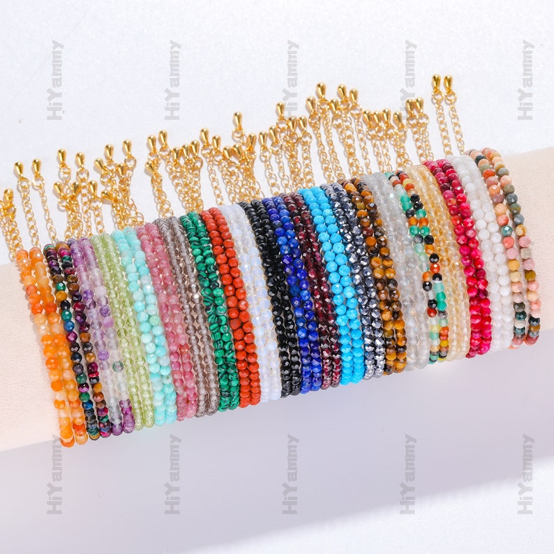 Pulseras de cuentas facetadas de piedras preciosas naturales Pulsera de cuentas de cadena ajustable de 3 mm, Pulsera de cristal curativo Joyería delicada Regalos de moda imagen 3