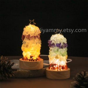 Crystal Wooden Led Light Stand Base with USB Beautiful Crystal and Gemstone Chips Displays for Calming Relaxing Meditation Zen Inner Peace