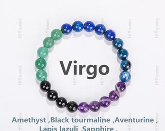 Bracciale Vergine, Bracciale zodiacale, Pietra fortunata, Lapislazzuli di alta qualità, Avventurina, Tormalina nera, Ametista, Zaffiro, Regalo per lei.