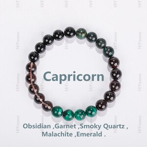 山羊座のクリスタルブレスレット、星座ブレスレット、幸運の石、高品質の黒曜石、ガーネット、スモーキークォーツ、マラカイト、エメラルド、彼女への贈り物。