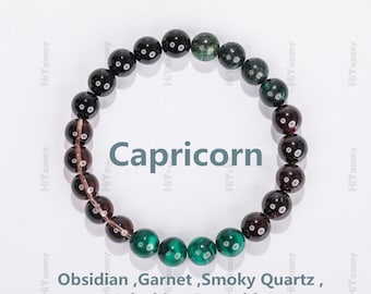 Capricorn crystal bracelet, Zodiac bracelet ,Lucky stone, High quality Obsidian, Garnet ,Smoky Quartz ,Malachite ,Emerald, Gift for her.