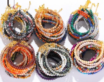 Bracelets en cristal naturel, perles rondes lisses de 4 mm, bracelet chaîne/de cheville en acier inoxydable, bracelet de guérison rond en cristal femmes hommes cadeaux