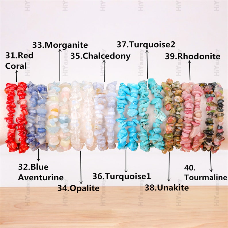 Natuursteen rekbare chip armbanden, armband voor vrouwen, helende kristallen chip armband, voor cadeau kristallen armbanden. Edelsteen armbanden. afbeelding 7