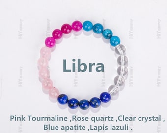 Pulsera de cristal Libra, pulsera Zodiac, piedra de la suerte, lapislázuli, apatita azul, cuarzo transparente, cuarzo rosa, turmalina rosa, regalo para ella.