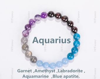 Pulsera de cristal de Acuario, pulsera del Zodíaco, piedra de la suerte, apatita azul, aguamarina, labradorita, amatista y granate, regalo para ella.