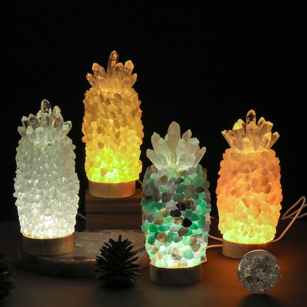 Crystal Pineapple Table Lamp,Gemstone Desk Lamp,Crystal Table Lamp,Night Light,Rose Quartz,White Crystal,Citrine,Fluorite -Mother's Day Gift
