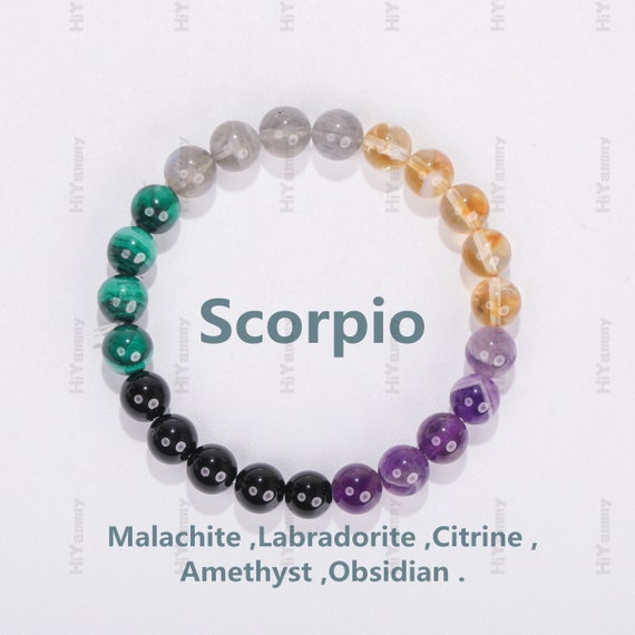 Scorpio crystal bracelet, Zodiac bracelet ,Lucky stone, ,Healing crystal ,Malachite, Labradorite, Citrine, Amethyst, Obsidian ,Gift for her.