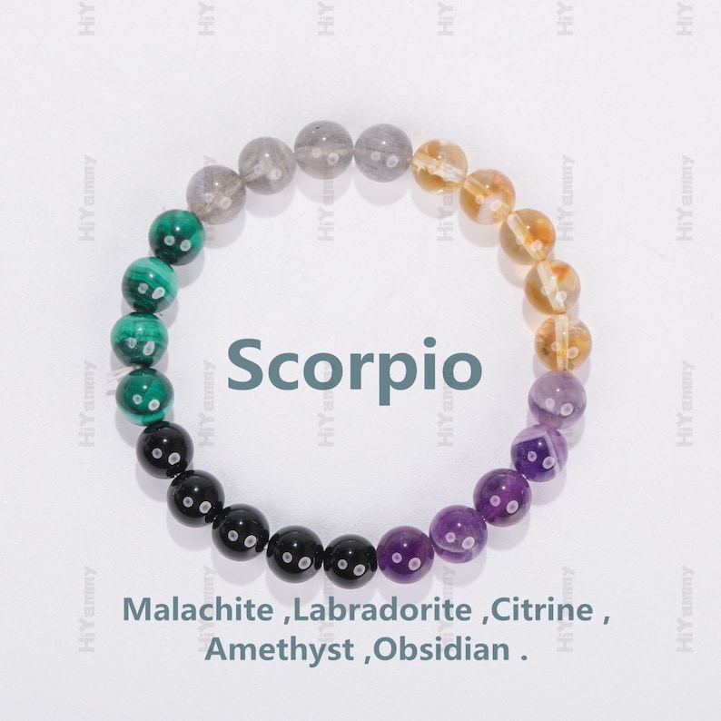 May include: A bracelet made of green malachite, gray labradorite, yellow citrine, purple amethyst, and black obsidian beads. The bracelet is arranged in a circle and the beads are separated by small silver beads. The bracelet is labeled "Scorpio".