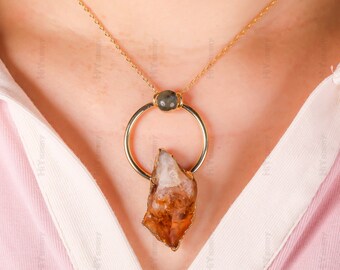 Citrine Nugget Point With Labradorite Necklace ,Genuine Citrine jewelry,Bridesmaid Gifts ,Gift for Her November Birthstone ,925 Silver Chain