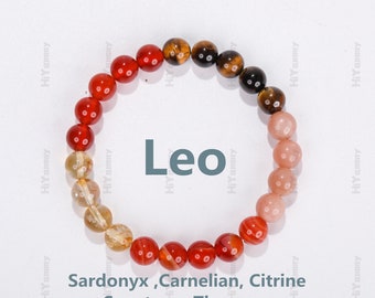 Leo crystal bracelet, Zodiac bracelet ,Lucky stone bracelet ,Natural Sardonyx ,Carnelian ,MG rose quartz ,Sunstone ,Tiger eye, Gift for her.