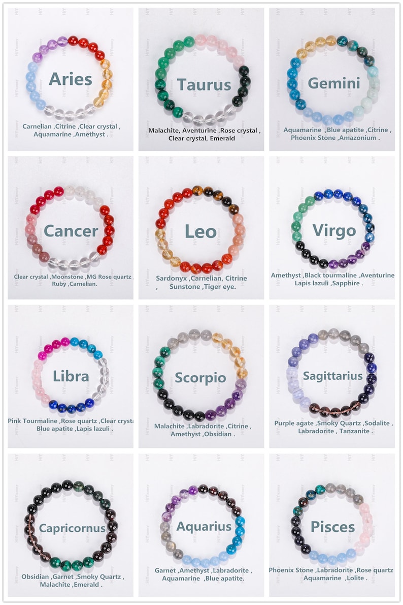 May include: Twelve zodiac sign bracelets with different colored gemstones. Each bracelet has a different zodiac sign name written on it. The bracelets are arranged in three rows of four.