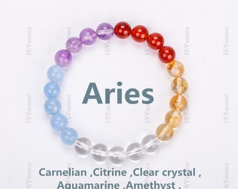 Pulsera de cristal Aries, pulsera Zodiac, piedra de la suerte, amatista de alta calidad, aguamarina, cuarzo transparente, citrino, cornalina, regalo para ella.