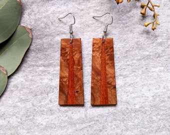 Wooden Long Rectangle Dangle Earrings from Sustainable Exotic Walnut Wood Hypoallergenic Handmade in USA.