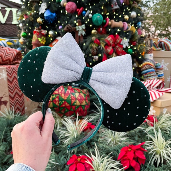 Emerald Velvet Sparkle Ears, Green Velvet Ears, Christmas Holiday Ears, Mouse Ear Headband, Minnie Ears, Mickey Ears, Disneyworld Ears