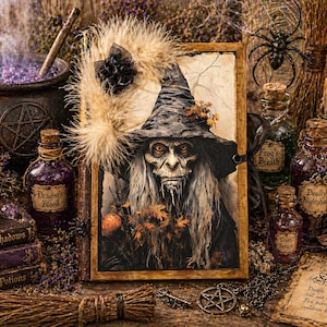 May include: A witch-themed still life with a cauldron, spell books, and potion bottles. A framed portrait of a witch is central, surrounded by candles, a broom, and a spider. The scene is rich in purple and brown tones.