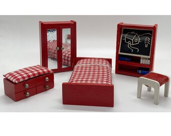 Vintage OAKLEAF dollshouse children's bedroom furniture - red and white - 1:16 scale - fits Lundy or Barton houses