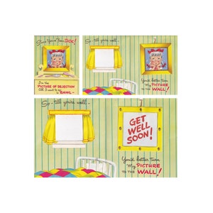 Vintage unused Get Well card with moveable image - portrait turns to Get Well wish