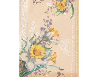 Vintage 1950s unused Easter Greeting card -  from your secret pal - daffodils - some glitter - Coronation Collection