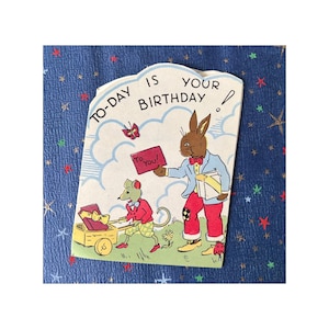 Carte d'anniversaire vintage à trois volets inutilisée avec enveloppe - lapins, fées, lutin, oiseaux - MIA