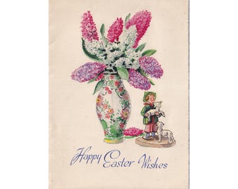 Vintage-Osterkarte – Blumen, Hirte, Lämmer, Valentins-Goldene-Stoff-Serie
