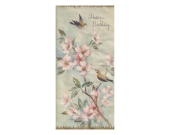 Vintage unused fold-out Birthday card  - some glitter - magnolia, birds - Imperial Parchment - Coronet Collections