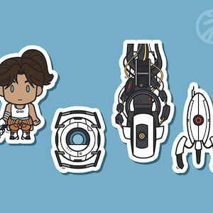May include: A set of four stickers featuring characters from the video game Portal. The stickers are white with black outlines and feature a female character, a robot, a portal gun, and a companion cube.