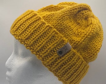 Classic chunky knitted beanie in mustard yellow, winter, autumn or fall hat with folded brim,