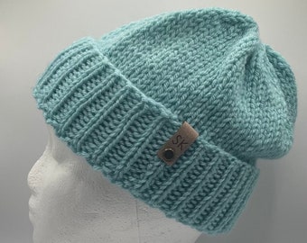 Classic chunky knitted beanie in mint green, winter, autumn or fall hat with folded brim,