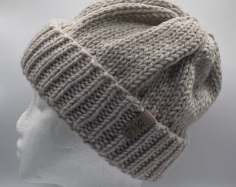 Classic chunky knitted beanie in beige light brown, winter, autumn or fall hat with folded brim,