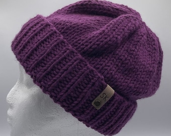 Classic chunky knitted beanie in purple, winter, autumn or fall hat with folded brim,