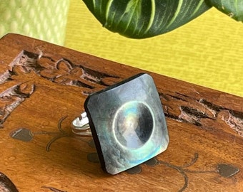 Handmade Iridescent black/green/grey adjustable button ring, jewellery gift ideas