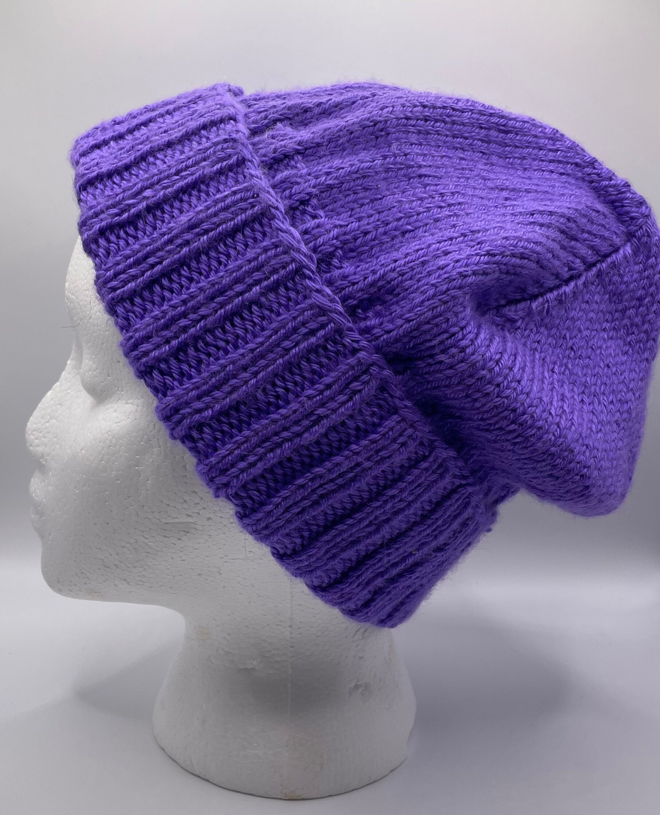 Bright Purple Handmade Beanie, Knitted Winter Hat for Adults 