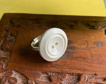 Handmade White adjustable button ring, jewellery gift ideas