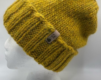 Handmade unisex wool hat, Classic chunky pure wool winter hat with ribbed brim mustard yellow