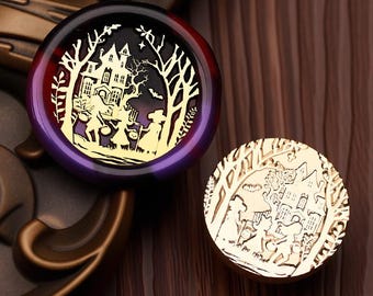 May include: Two Halloween-themed wax seal stamps. One is a gold-coloured metal stamp with a haunted house and trick-or-treaters design. The other is a purple, red, and black wax seal with a gold-coloured metal stamp with a haunted house and trick-or-treaters design.