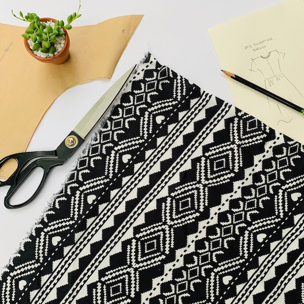 TRIBAL PRINT Fabric - Ethnic Boho Cotton Rayon Fabric -Natural Fiber Ethnic Pattern Black and White Cotton Fabric Sold by yard