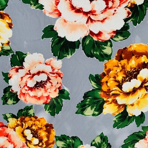 Big Roses Print - Summer Floral Fabric - Tea Rose Print Fabric - Gray Floral Rayon