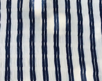 Indigo Stripe Linen Fabric: White Stretchy Flax (1 Yard)